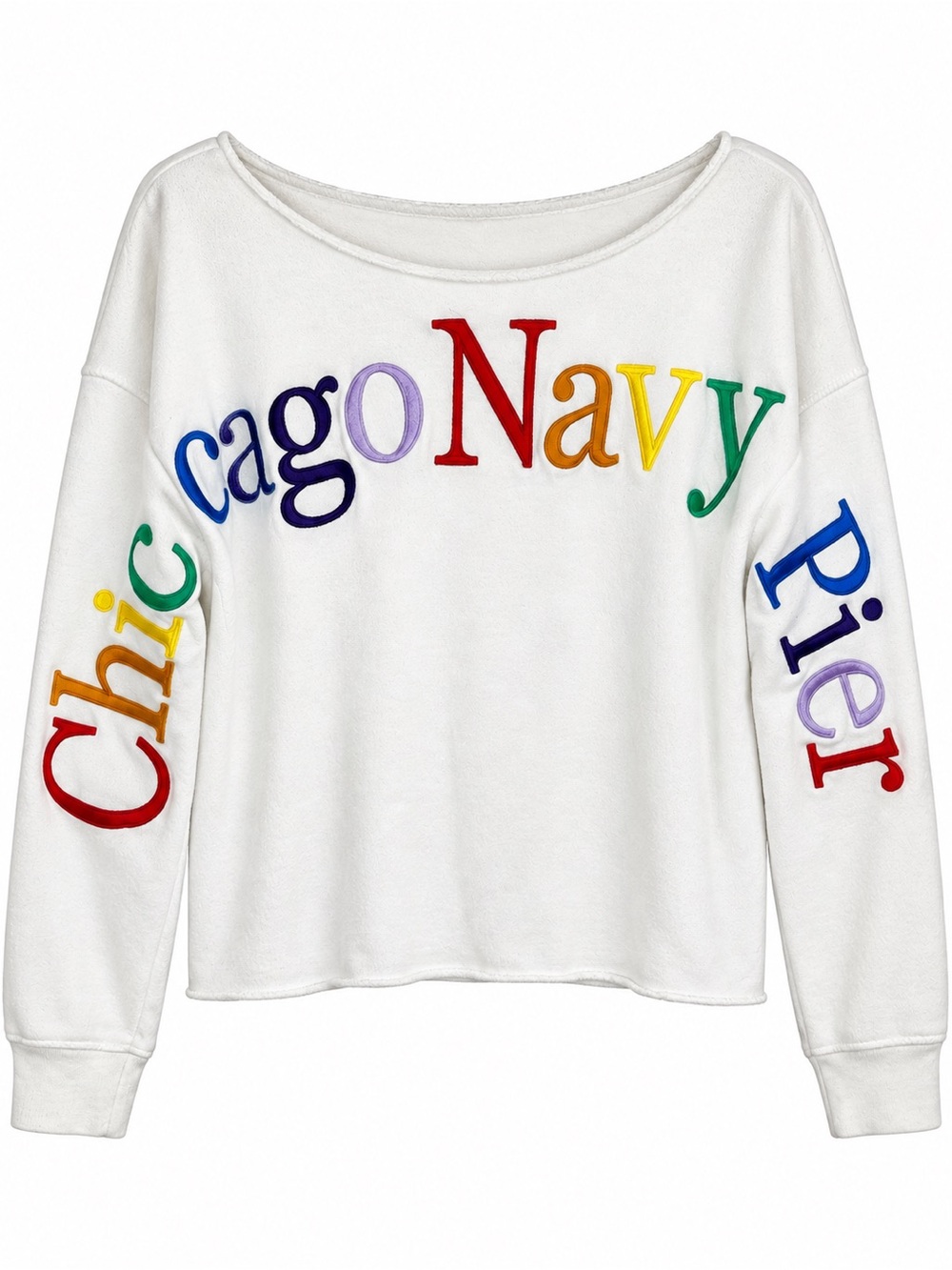 Chicago Navy Pier Sweatshirt Women’s Large White Colorful Embroidered Pullover